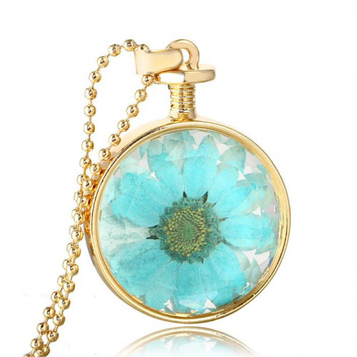 Golden Color Round Shaped Dry Flower Pendant Necklace Three Colors