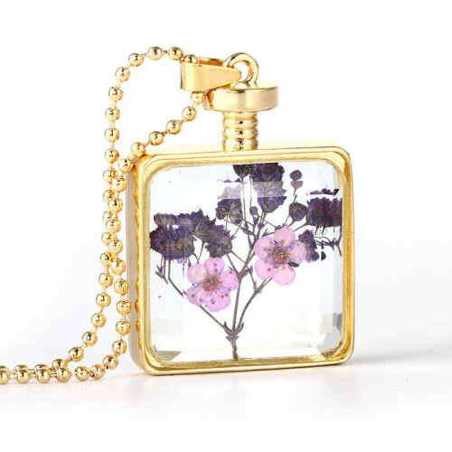 Rectangle Shaped Dry Flower Pendant Necklace 