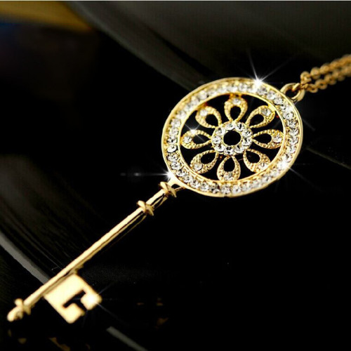 Golden Key Shaped Pendant Necklace With Rhinestones