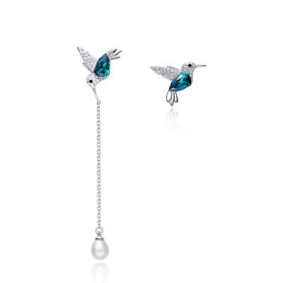 Hummingbird Shaped Blue Crystle Drop Earrings